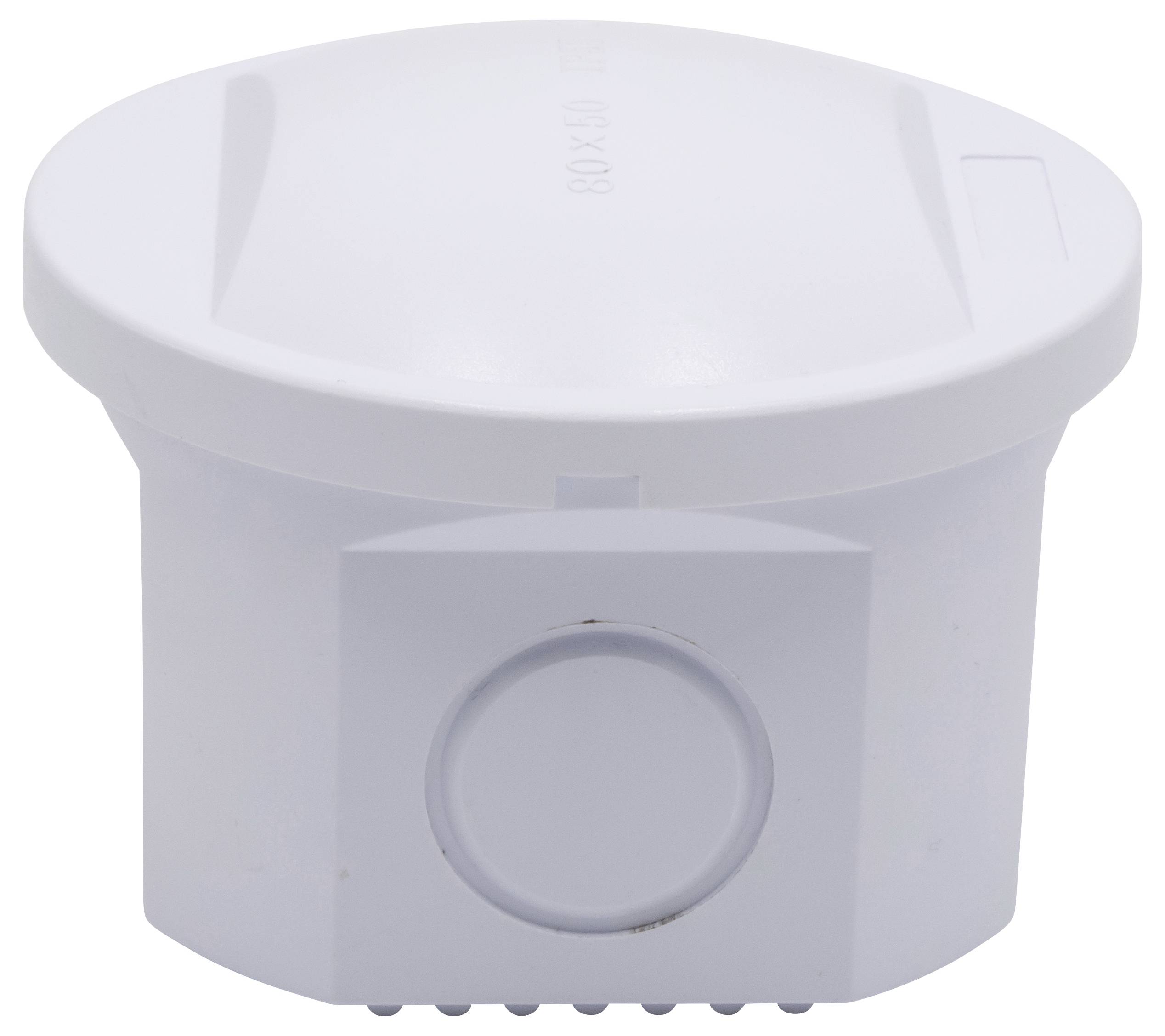 A white, round lid with a small flap on the side, mounted on a cylindrical container with a round button at the front.