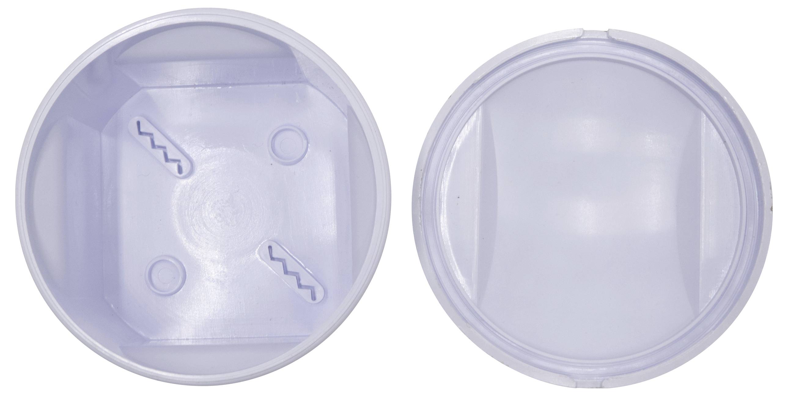 Two round plastic lids, one showing the inside surface with a ribbed pattern, the other showing the outside surface without a pattern.