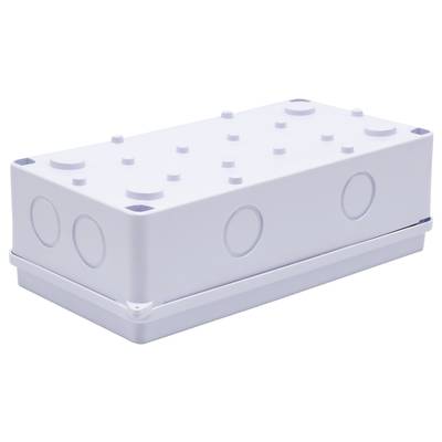 White plastic box with circular embossed patterns on its surfaces, possibly an electrical junction box.