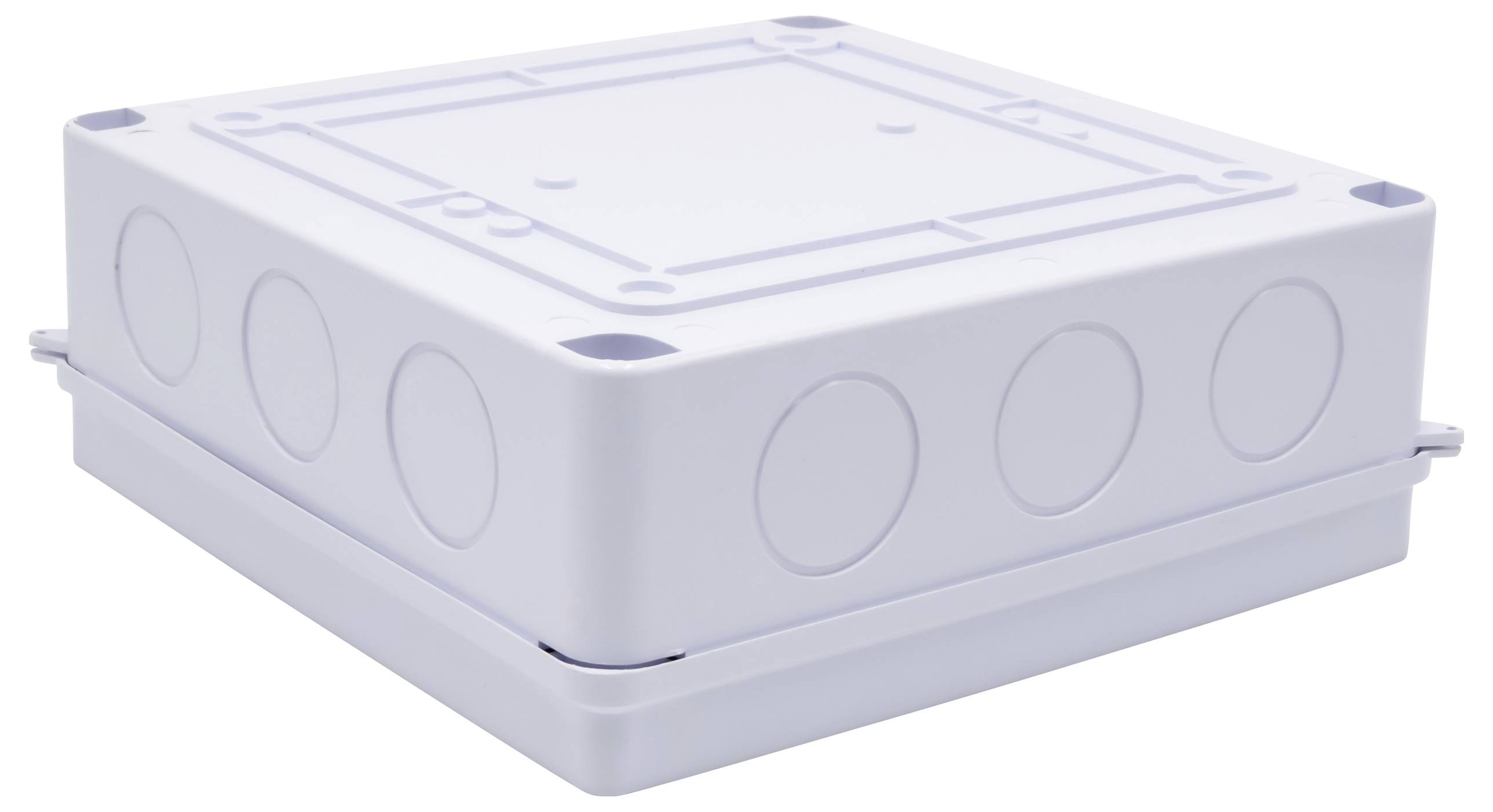 White electrical socket outlet with multiple perforated entry points on the sides for cables, set against a neutral background.