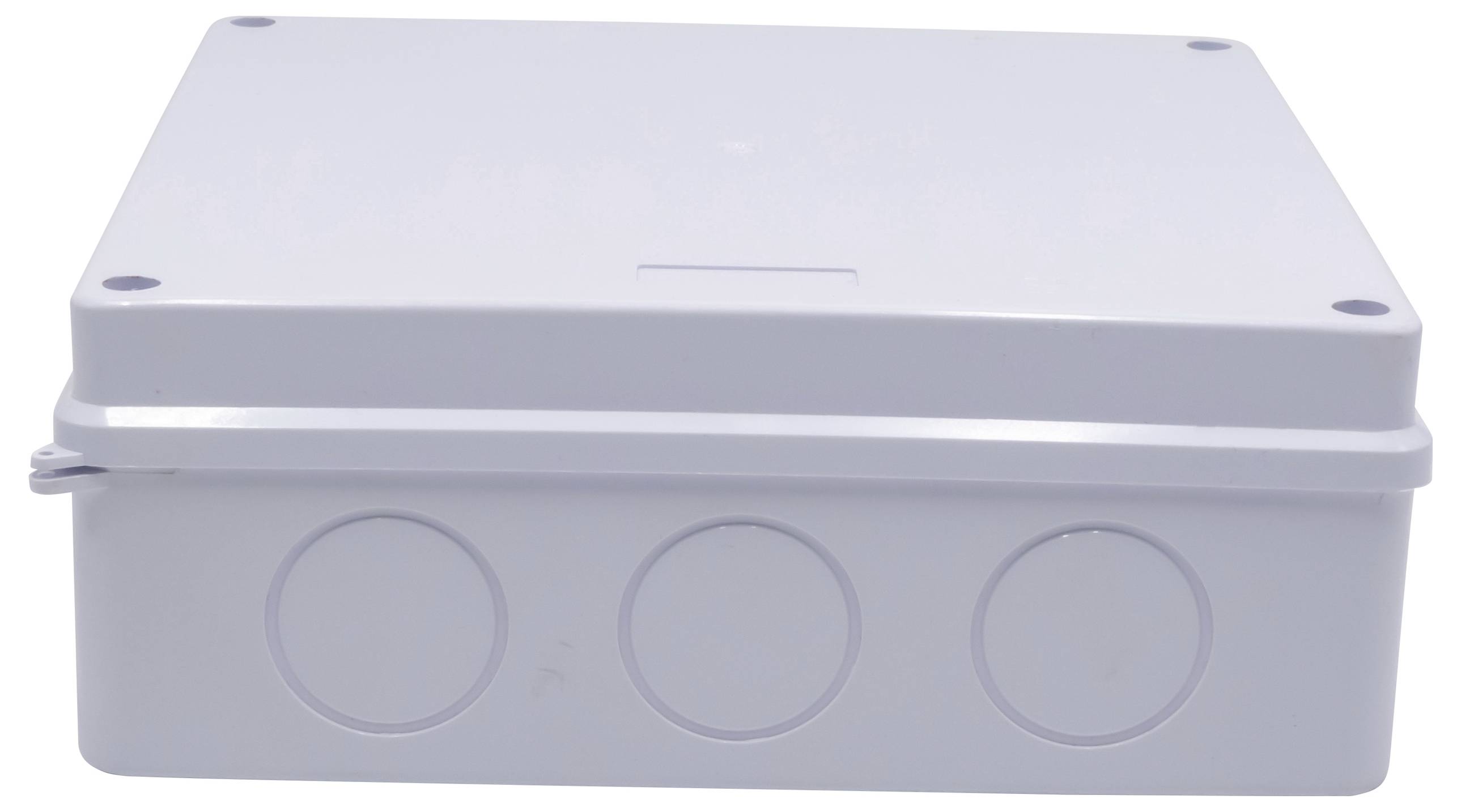 Grey plastic enclosure with round recesses on the front, suitable for electrical installations or connections.