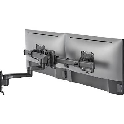 'Rear view of a dual monitor stand holding two monitors side by side. Shows the arms and mounting brackets of the stand.'
