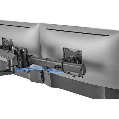 'Rear view of two monitors on an adjustable dual mounting arm, connected with blue cables.'