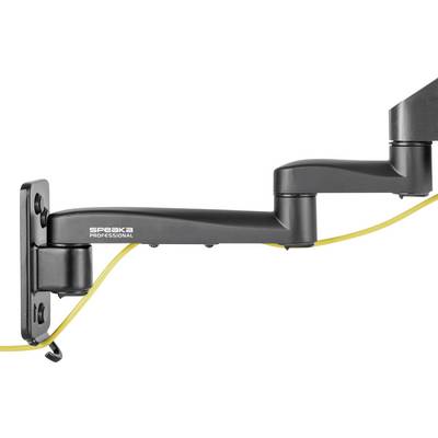 Black metal monitor mount with cable management arm. Wall-mounted, suitable for offices or workspaces.