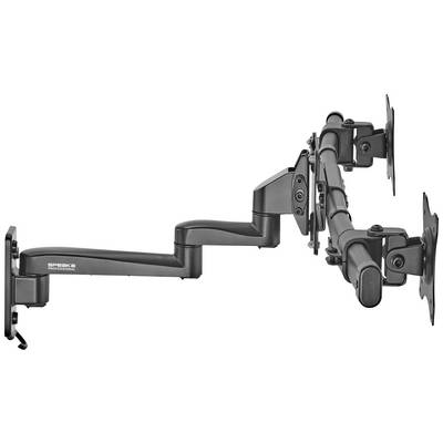 Two black, swivel monitor arms mounted side by side on a wall or desk edge, with VESA mounts.