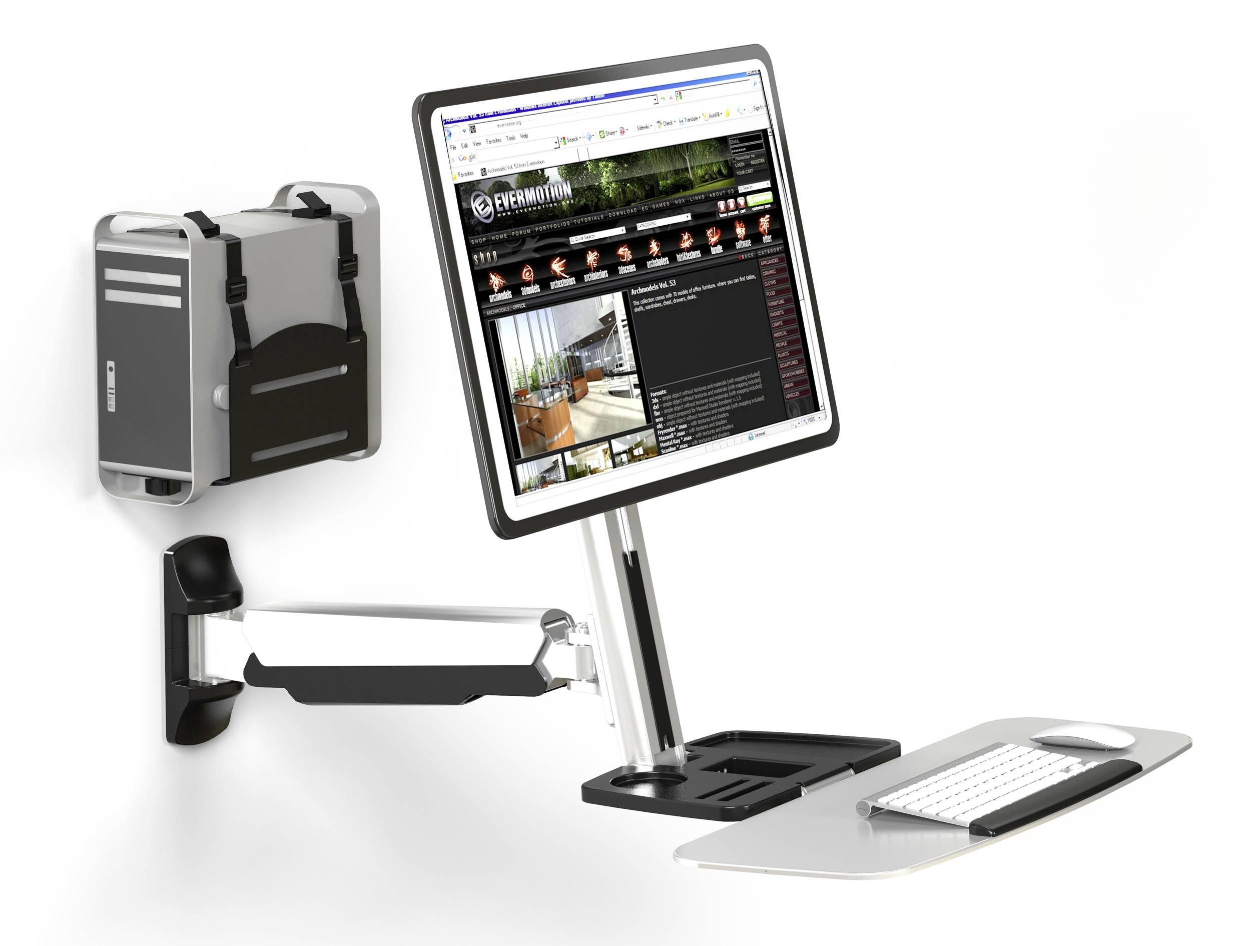 A wall-mounted computer monitor displays a webpage, with a keyboard tray underneath featuring a keyboard and mouse, and a computer tower fixed to the wall beside it.