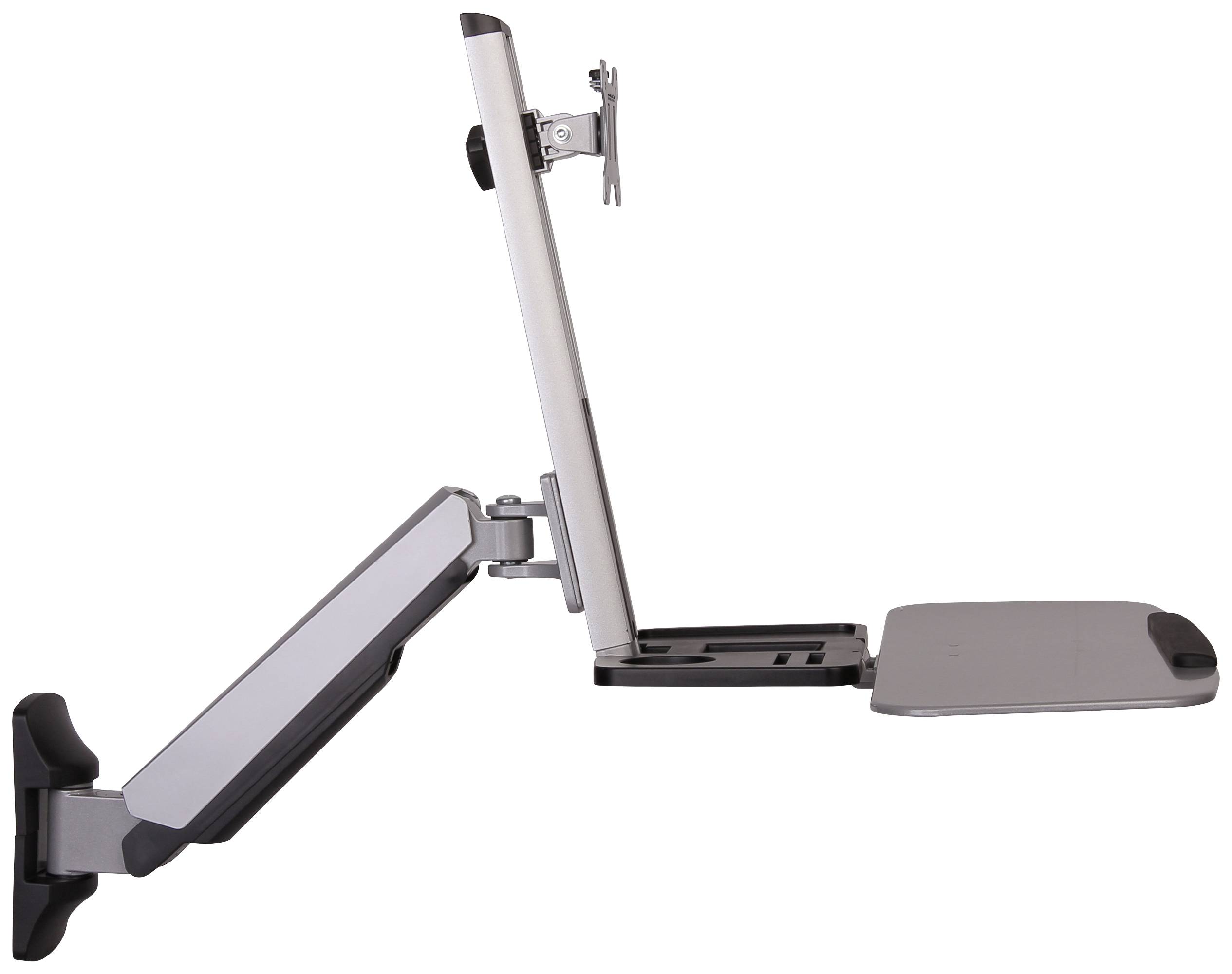 Height-adjustable monitor arm with keyboard platform, side view. It is mounted on a wall bracket.