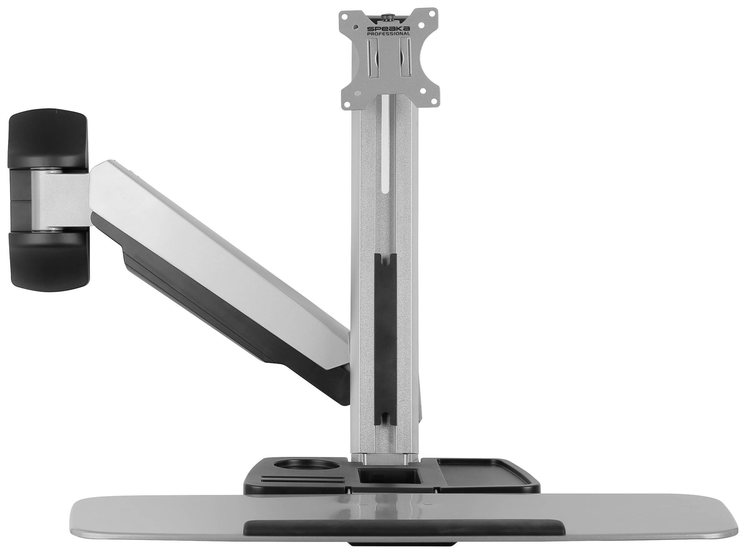Height-adjustable monitor arm with desk mount and rotatable VESA adapter; enables flexible screen positioning.