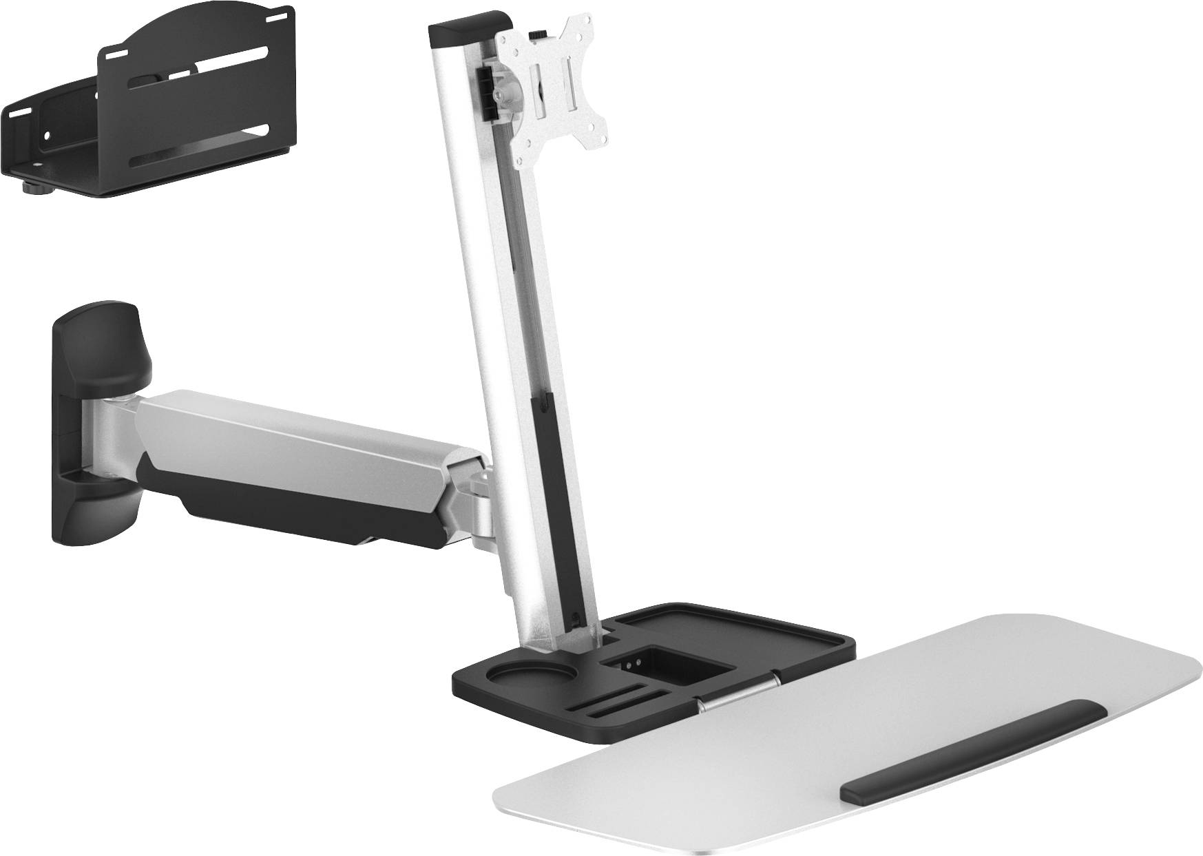 Adjustable wall-mounted monitor arm with keyboard tray, enabling flexible positioning of monitor and keyboard on walls.