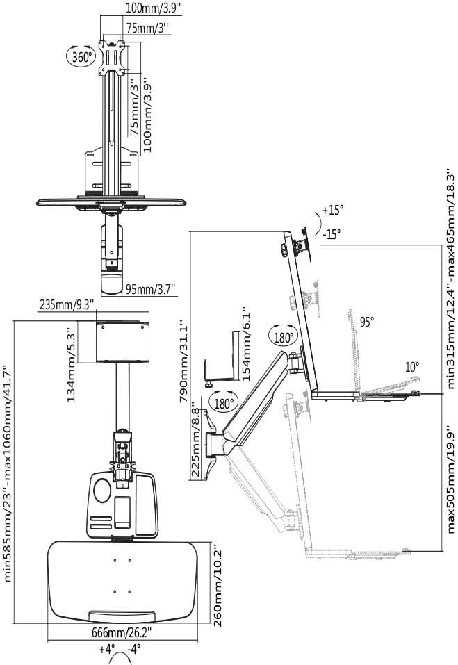 'Assembly Instructions for a Monitor Arm: Various Views and Dimensions. Adjustment Options for Tilt, Rotation and Height.'
