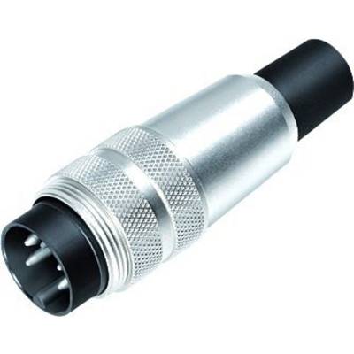 A silver-coloured, cylindrical electrical plug with multiple contact pins and a textured grip.