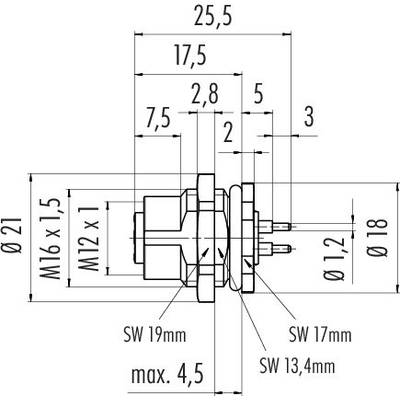 Technical drawing of a connector with dimensions: total length 25.5 mm, diameter 21 mm, thread M16 x 1.5.