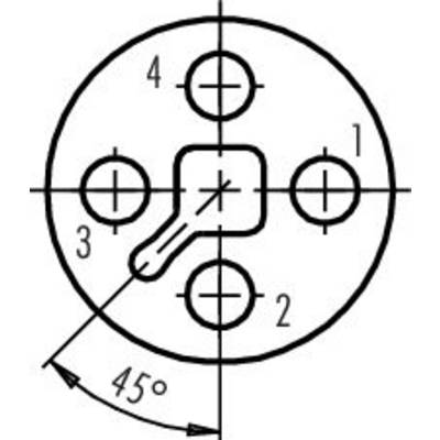 Construction diagram of a circular component with four numbered holes and a central recess. An arrow indicates 45°.