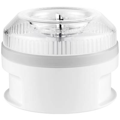 A white, transparent kitchen processor with a ridged lid, used for mixing or chopping food.