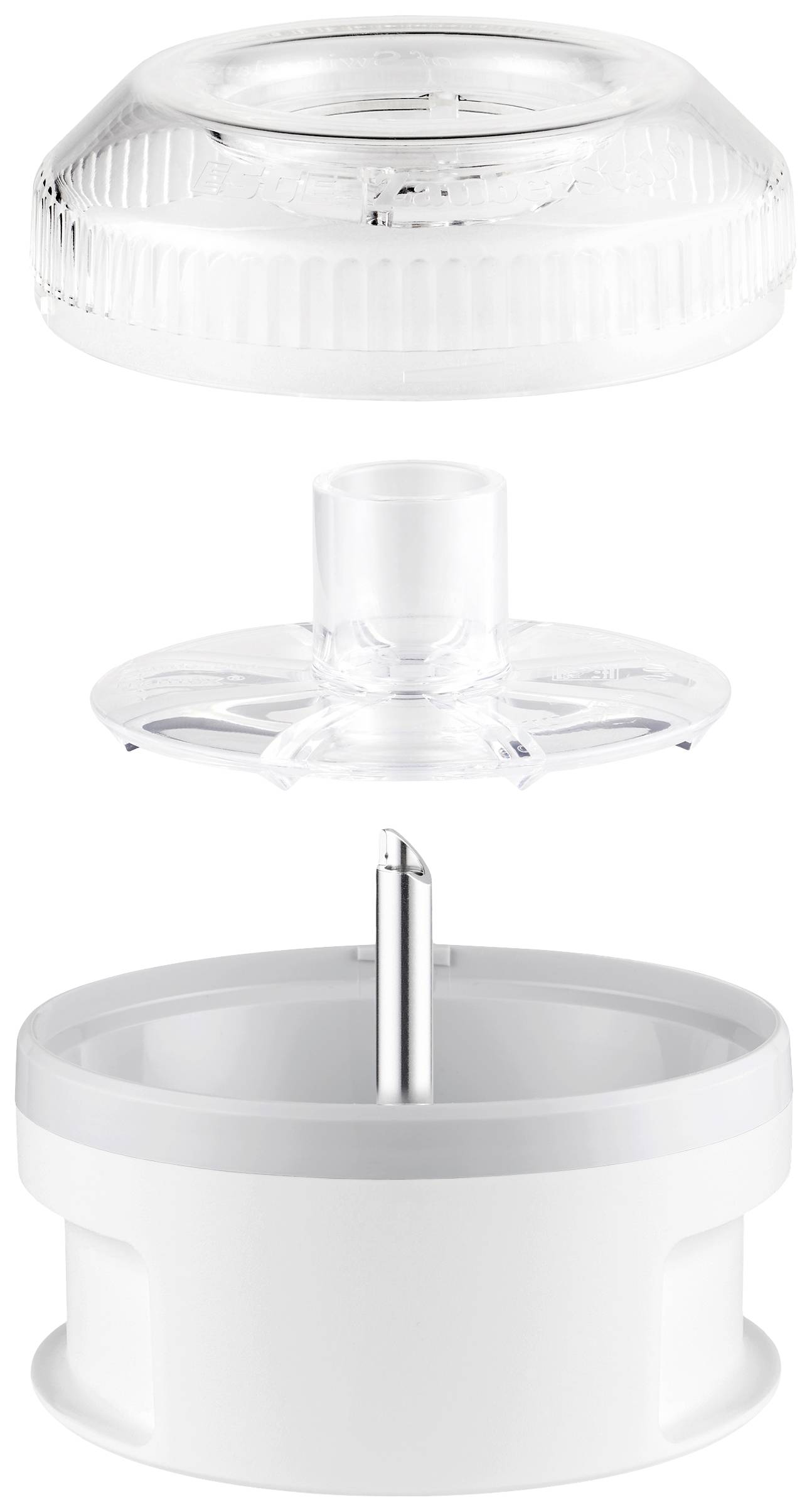 Exploded diagram of a white plastic divider with a removable lid, rotating mechanism inside, and base container.