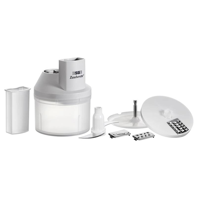 Kitchen appliance with accessories: a white grater, cutting plates, a measuring jug and a mixing blade. Suitable for chopping and grating.
