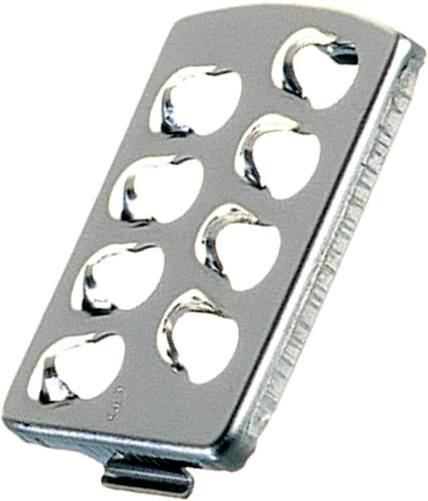 A silver kitchen utensil with eight heart-shaped edges, used for cutting or decorating vegetables or cheese.