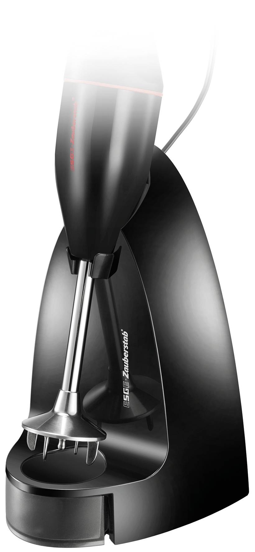 A black hand blender in a charging station. The mixer has a metal blade and black casing. Brand name is visible.