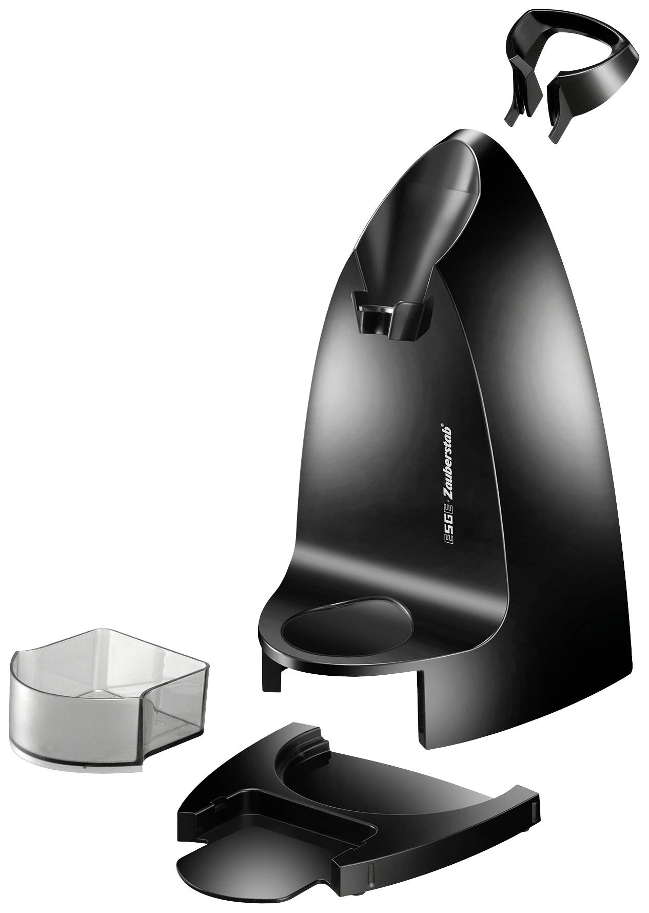 Electric soap dispenser in black with a removable lid and collection tray, freestanding and designed for automatic use.