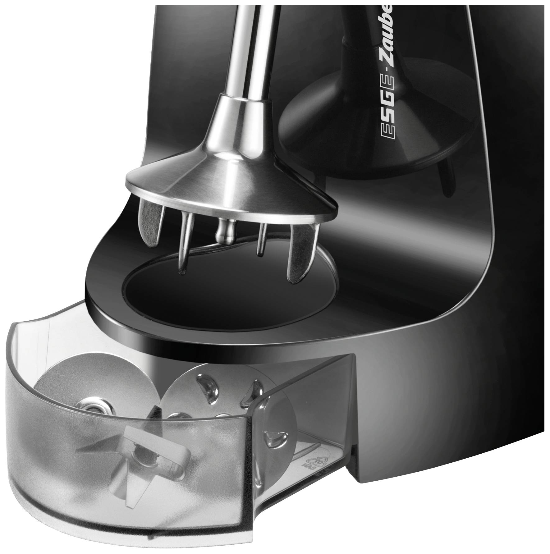 A hand blender with a detachable attachment on a black stand; suitable for various mixing and chopping tasks.
