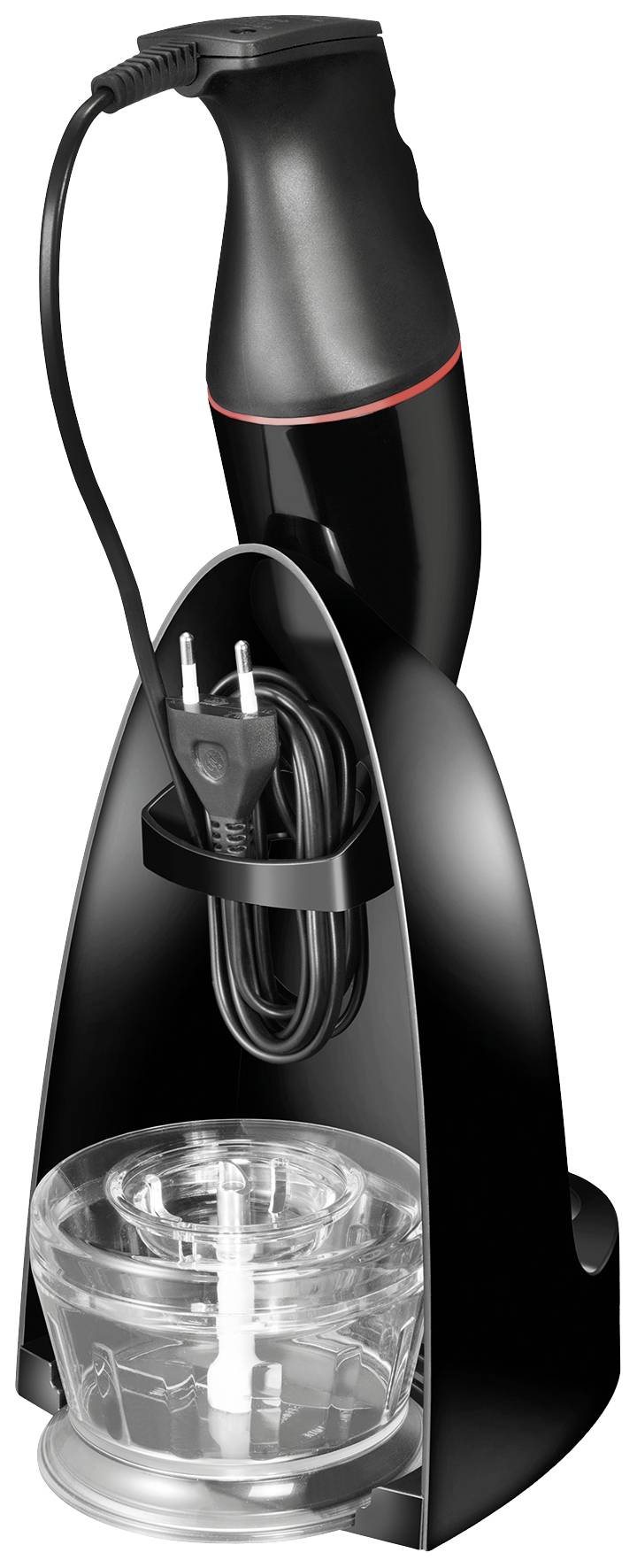 Black hand blender with removable parts and cable holder, standing in a plastic stand next to a transparent mixing jug.