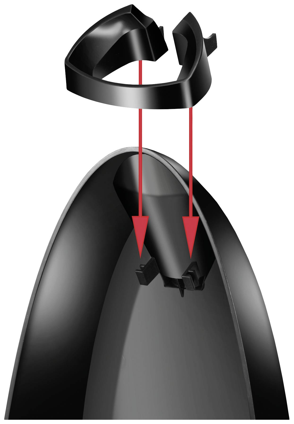 A black plastic bulldog clip is mounted on the top edge of another black element, as shown by two red arrows.