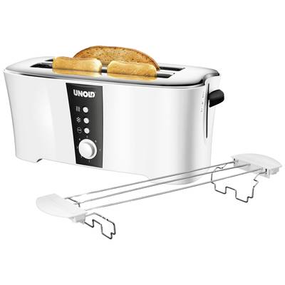 A white toaster with two slices of bread in the top slot. In front of the toaster is a removable, metal bread rack.