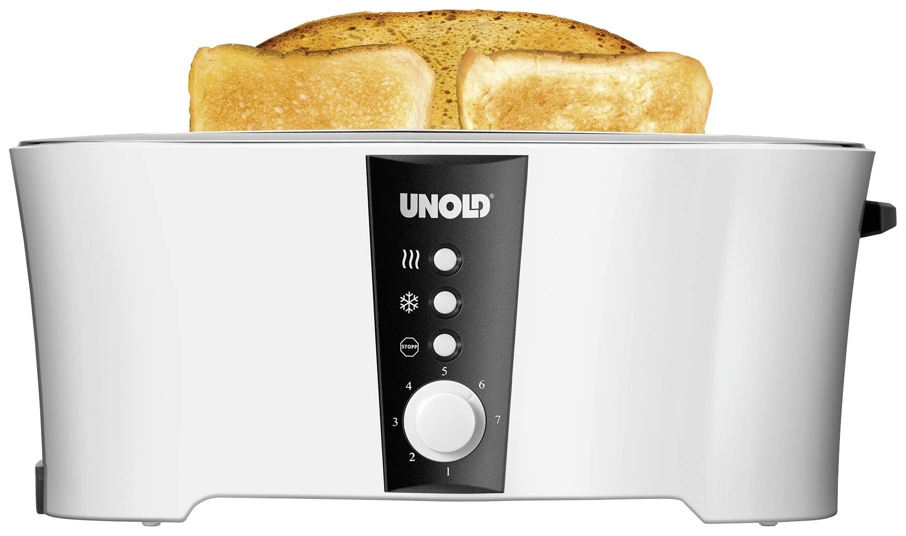 A silver toaster with two golden-brown toasted slices of bread, black control panel with six toast level settings and symbols.