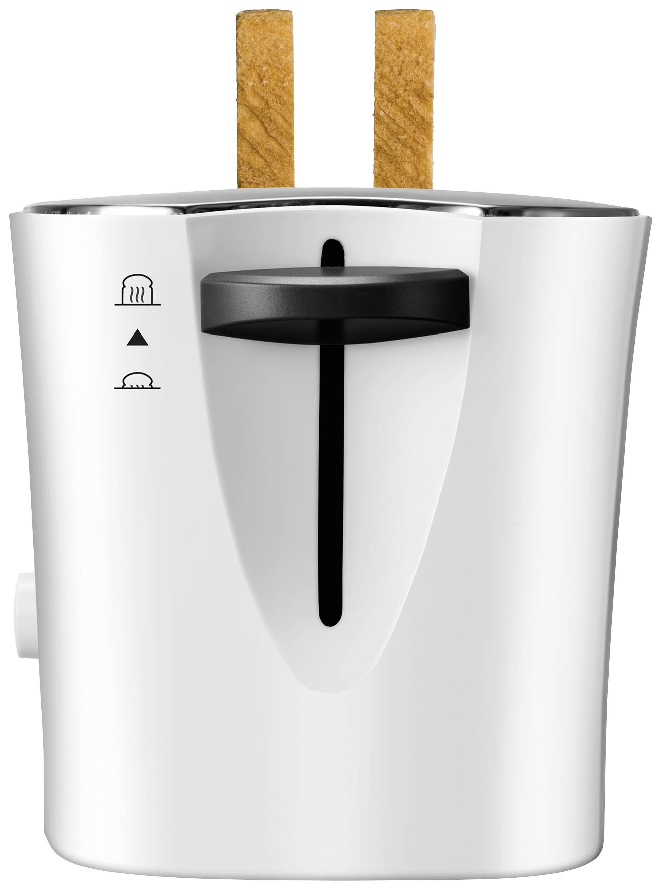 A white toaster with two browned toast slices on top, with browning controls on the side.