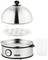 Electric egg cooker made of stainless steel with removable dome and egg insert. Includes measuring cup with hardness degree markings. Suitable for up to seven eggs.