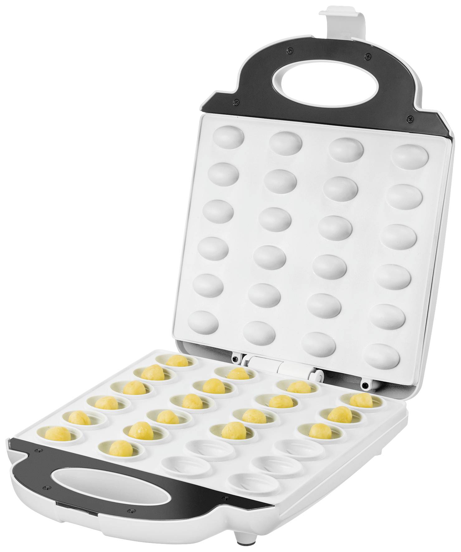 A white kitchen appliance for preparing 24 small baked goods with an open baking surface, filled with raw dough.