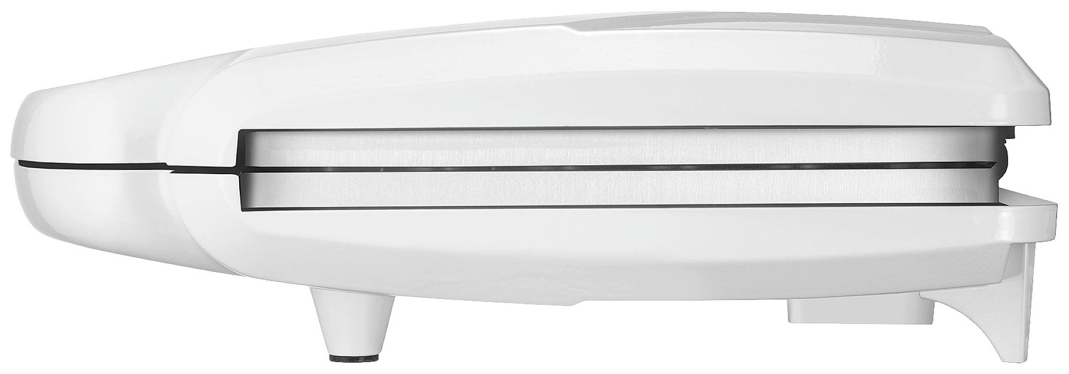 A closed, white sandwich maker appliance, viewed from the side, demonstrates the compact design with feet for stability.