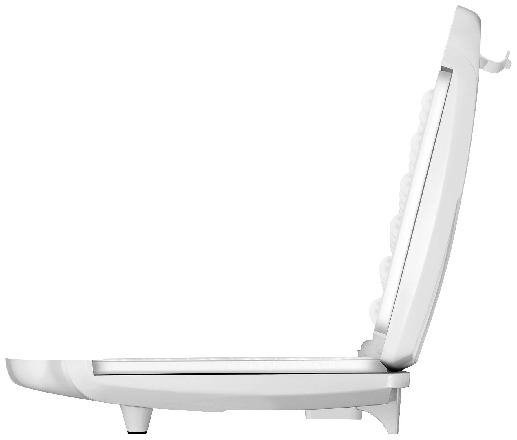 A side-on image of a white electric waffle maker, opened and ready for use.