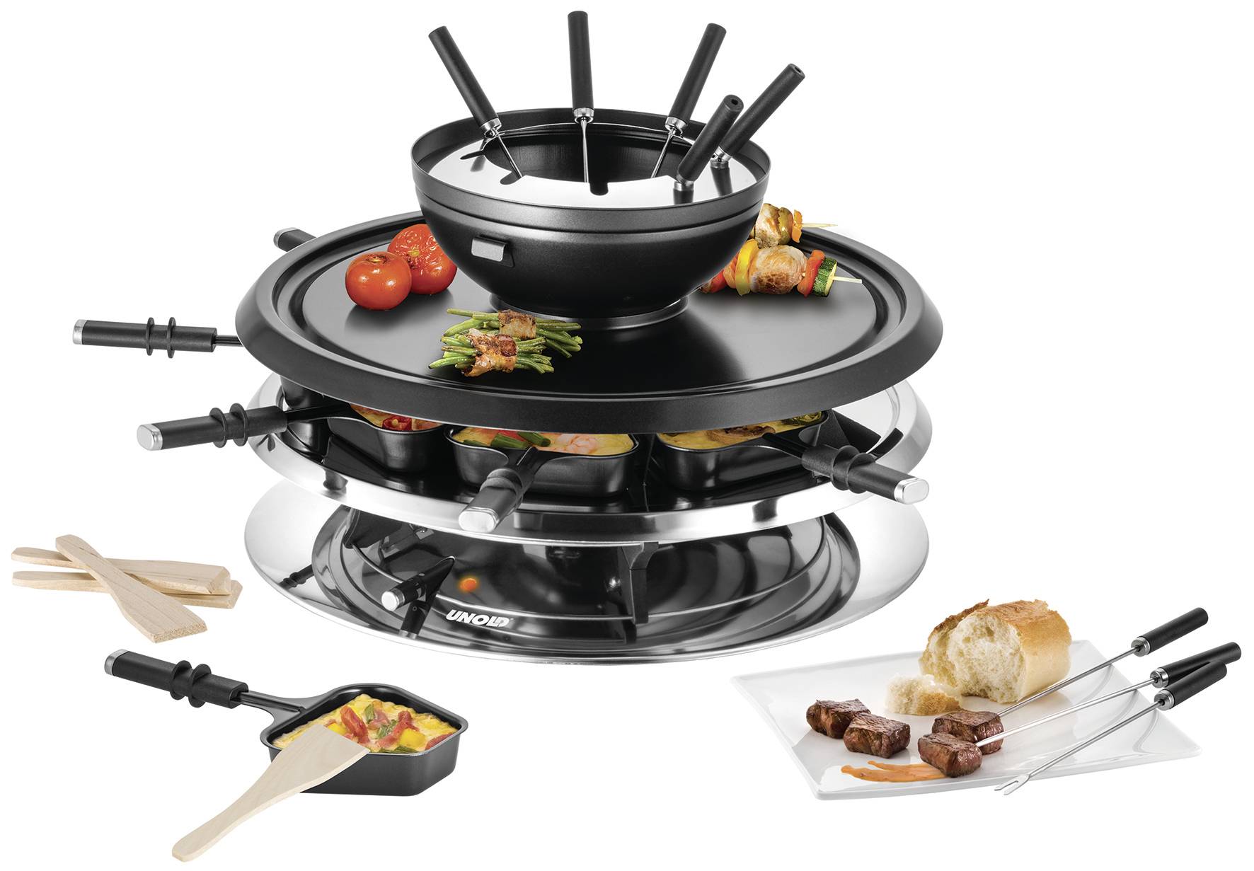 A tabletop grill with bowls and small pans, filled with vegetables and pieces of meat. On a plate, bread and grilled meat.