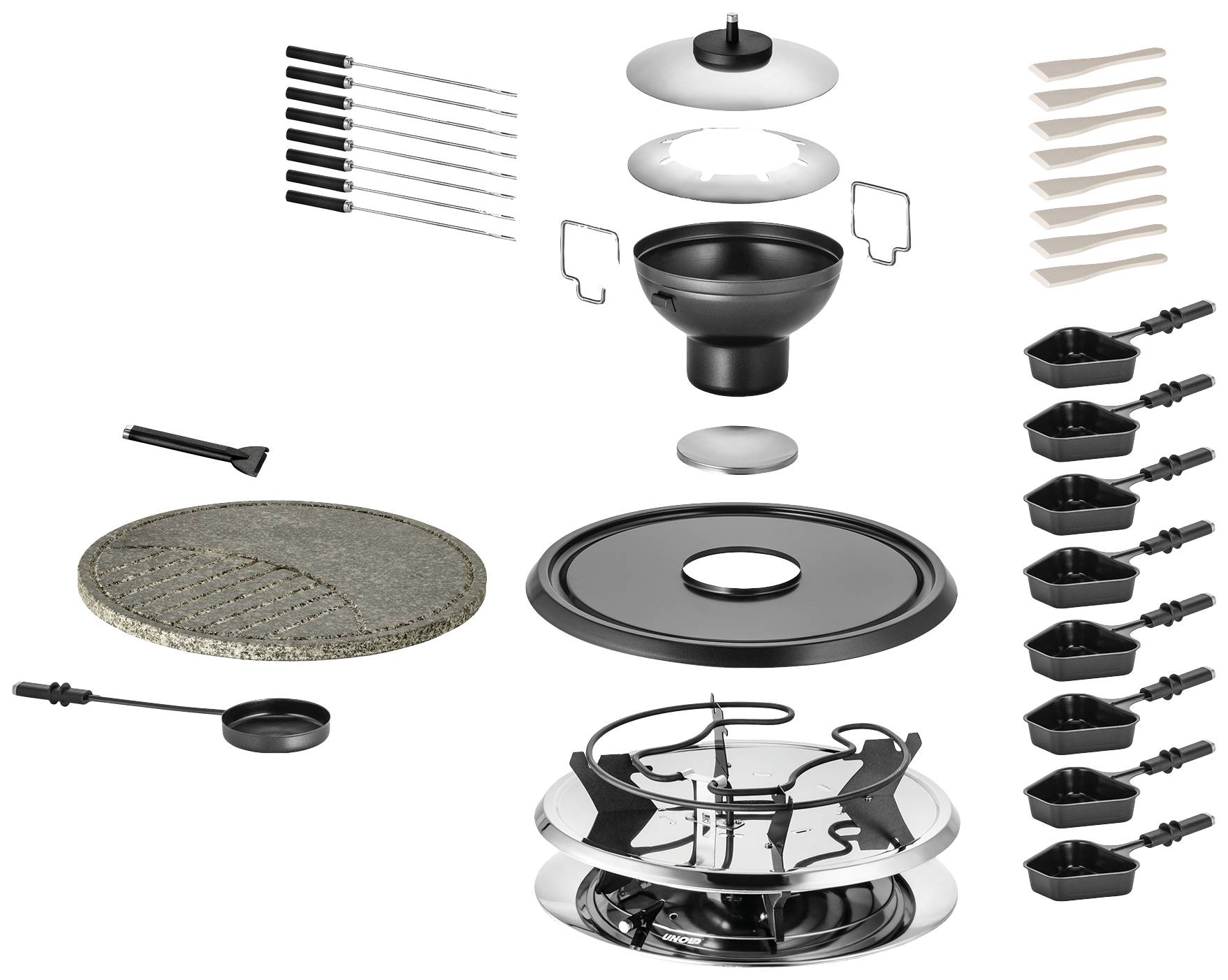 A disassembled raclette device with stone plate, grill attachment, small pans, scrapers, and forks; showing all individual components.