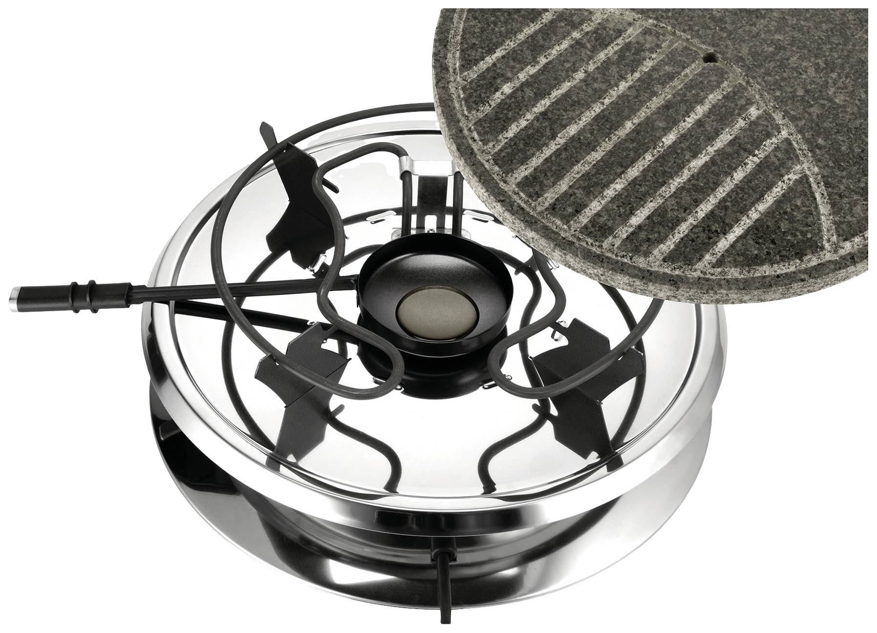 A round metal camping stove with a removable grill rack positioned beside the cooker.