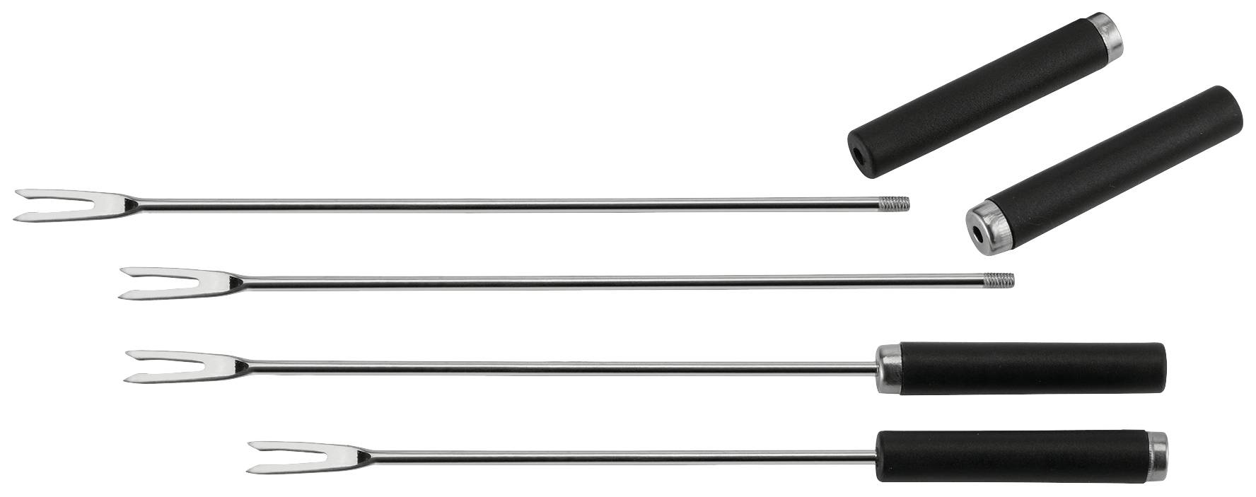 Three fondue forks with black, removable handles are lying side by side; two handles are shown separately.