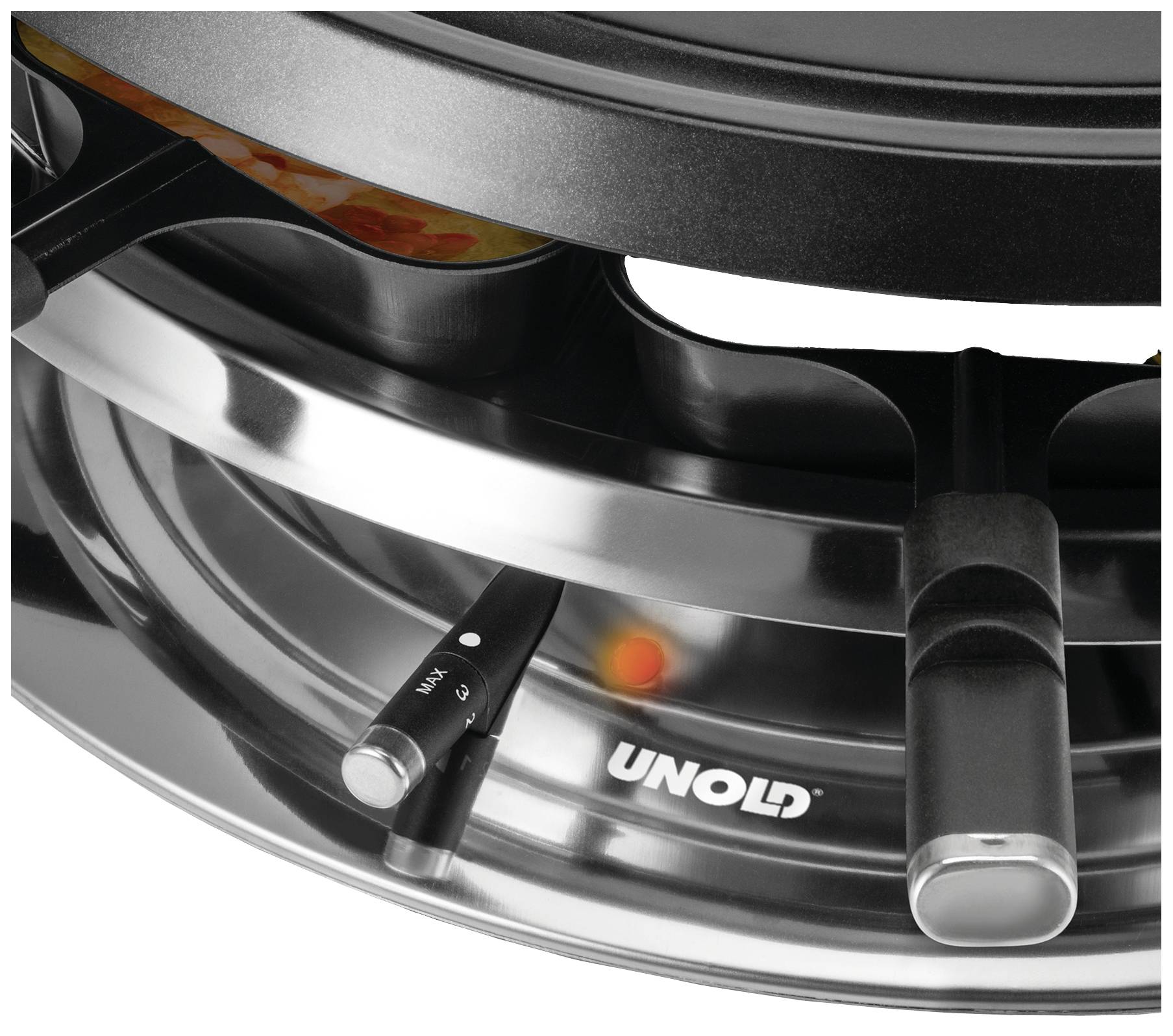 Close-up of an UNOLD pizza grill with bread roll attachment. Focus on gleaming stainless steel parts and red illuminated control light.
