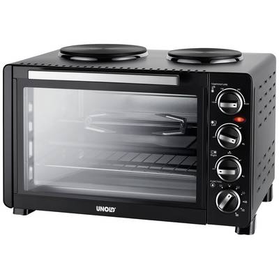 Black mini oven with two hob plates on top. Front featuring a glass door, with rotary knobs for temperature, function, and timer.