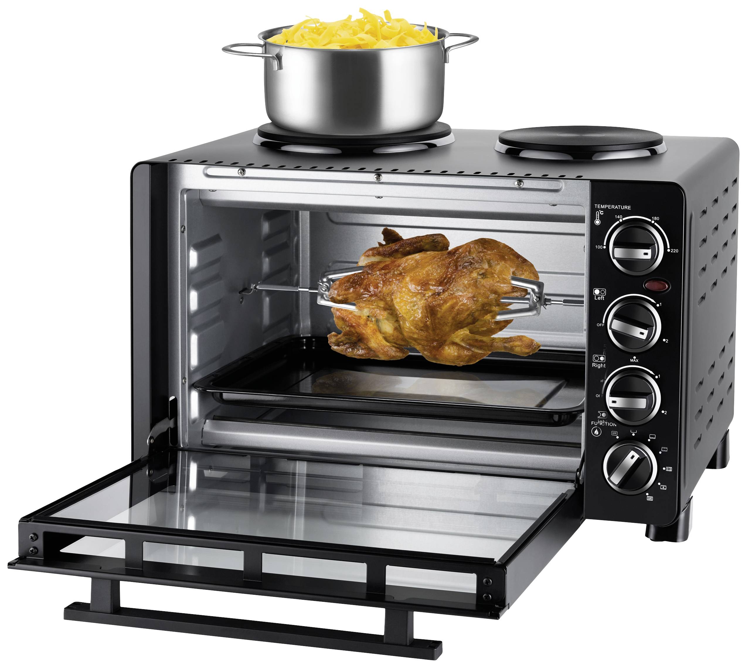 A black oven with an open door shows a roast chicken on a rotisserie. A pot of pasta sits on top of the oven.