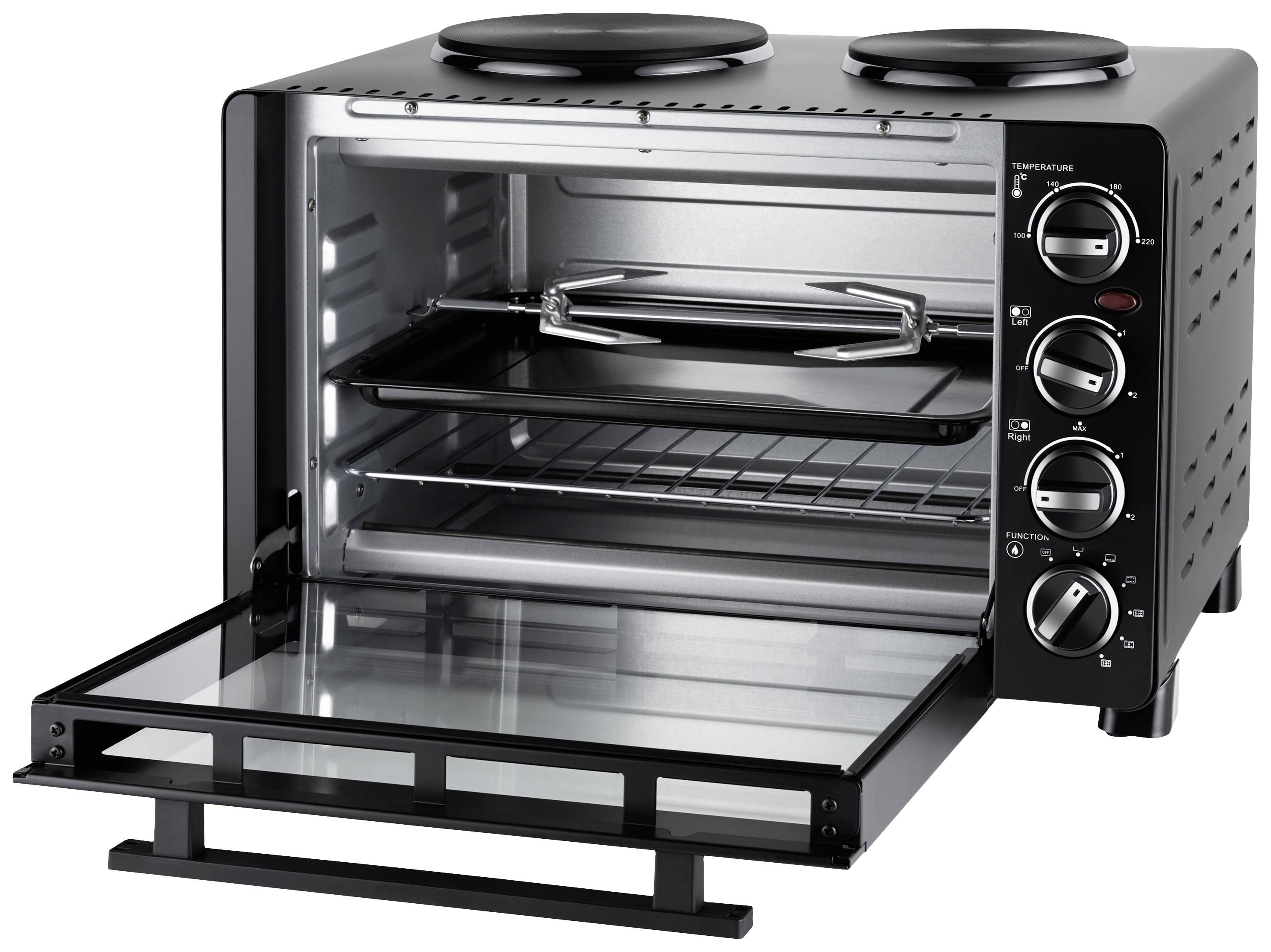Black mini oven with an open glass door, two hob plates on top, rotary knobs on the side, and a grill rack inside.