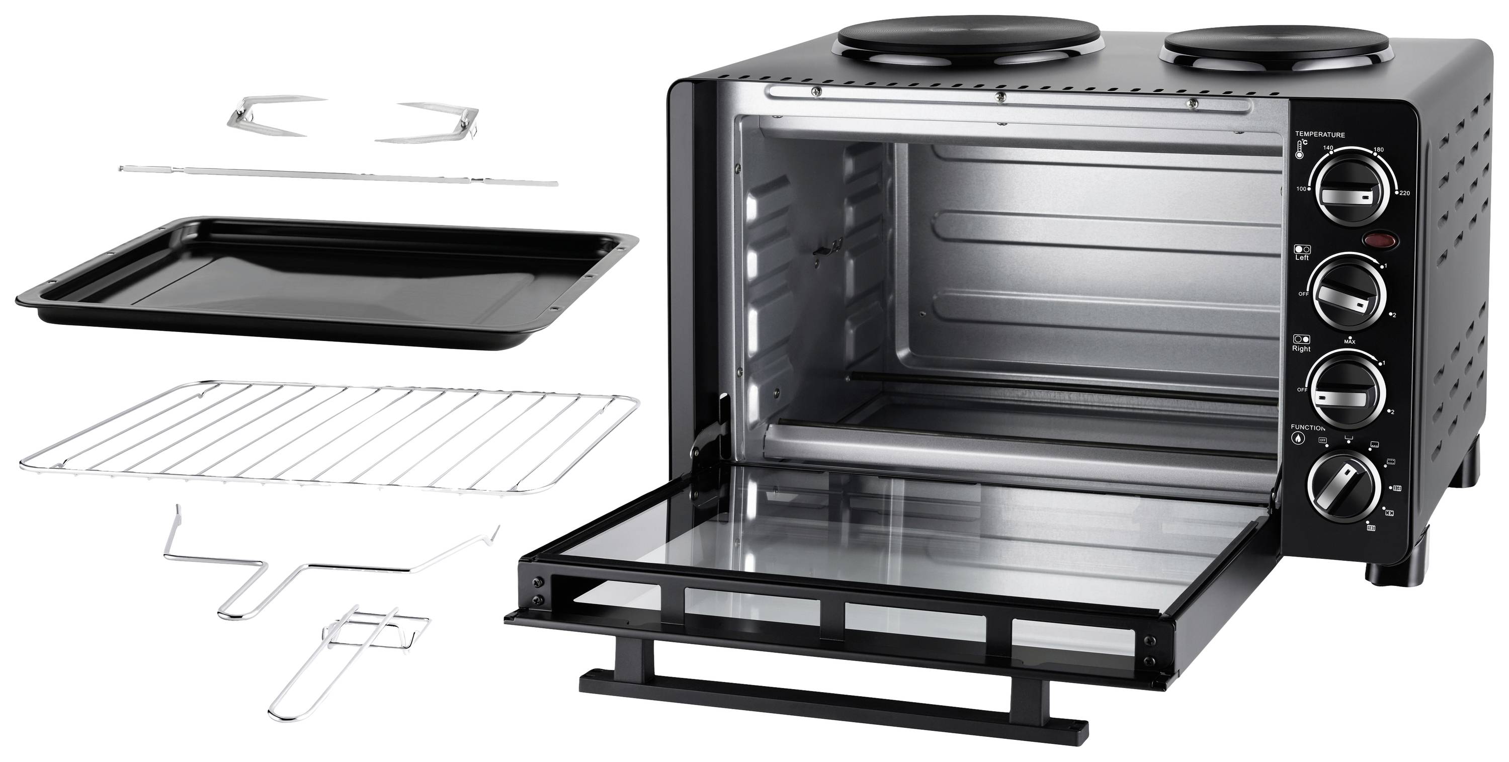A black mini oven with two hobs. Accessories: a baking tray, a grill rack and a removable crumb tray.