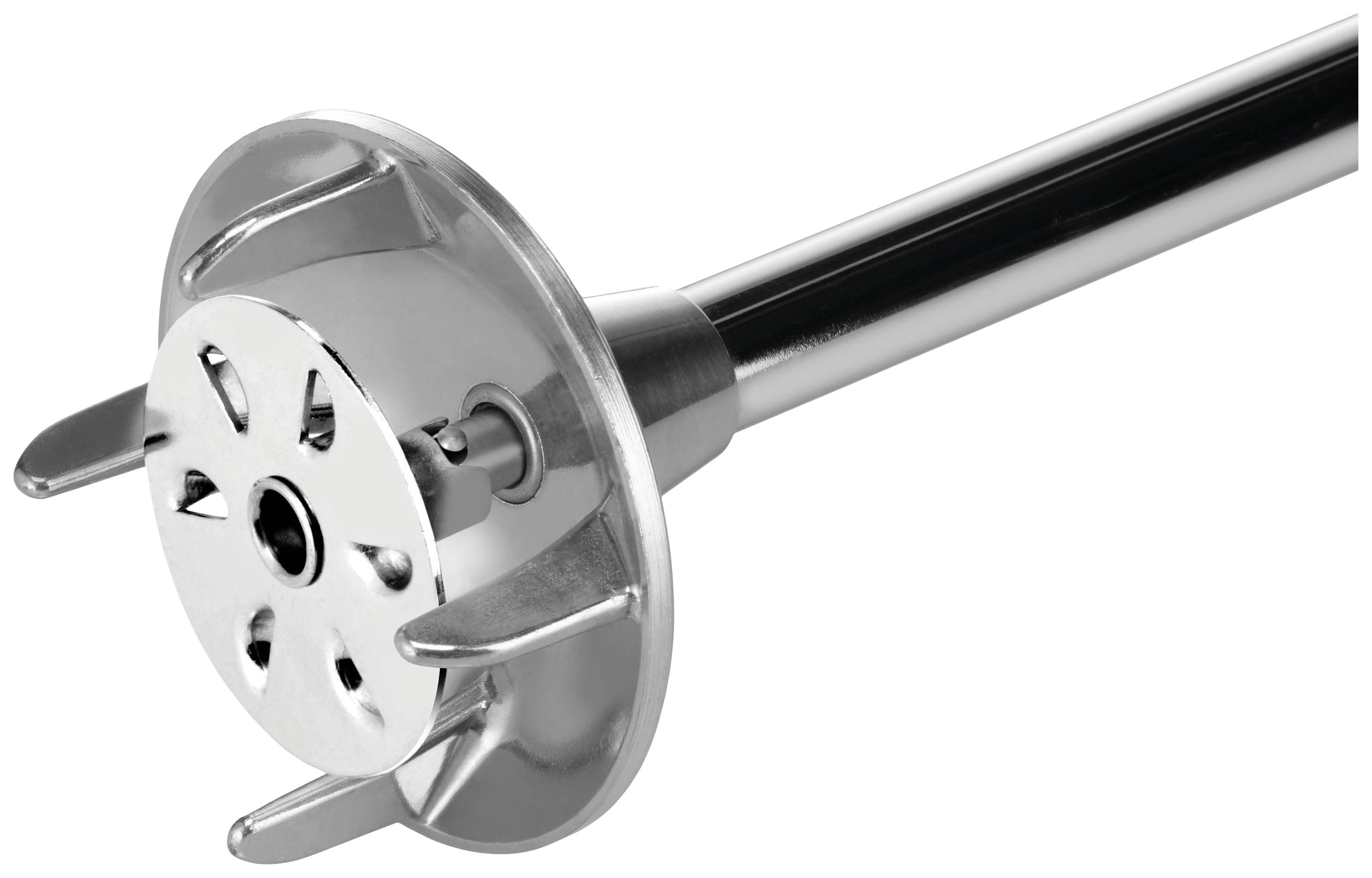 Metal hand blender attachment with blades and protective guard, suitable for soups and sauces. Ideal for uniform blending.