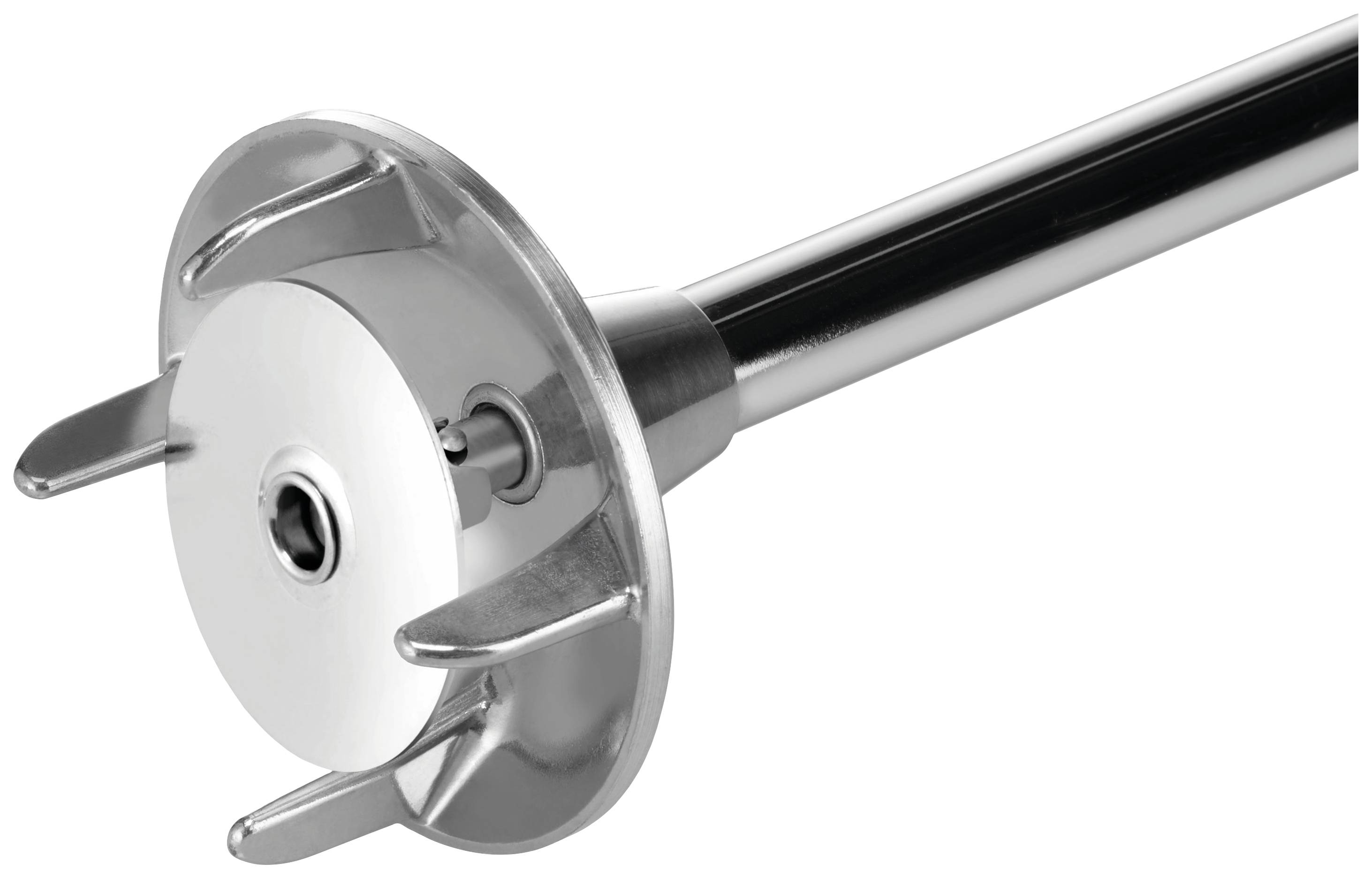 Metallic stirring rod with four wing-like blades, suitable for mixing liquids or ingredients.