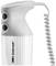 A hand blender with an ergonomic handle and spiral cord, featuring two buttons for different speeds.