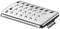 A rectangular, flat, silver grater with large oval holes for breaking down food. Suitable for cheese or vegetables.