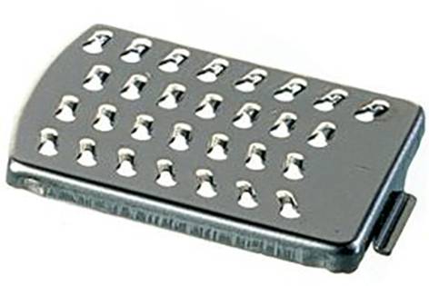 Small flat metal grater with multiple holes, used for grating foods such as cheese or vegetables.