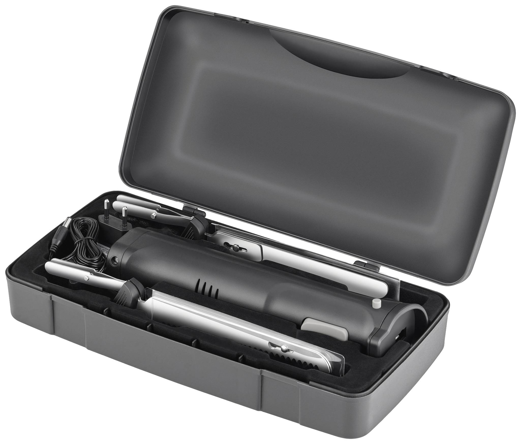 A black suitcase containing an electric kitchen knife set, comprising a handle and several interchangeable blades.