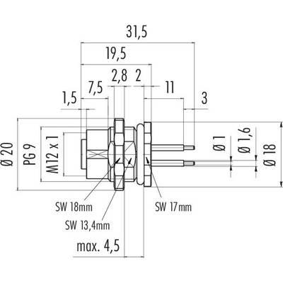 Technical drawing of a cylindrical plug housing with dimensions: total length 31.5 mm, width 20 mm, with various thread diameters and connection lengths.