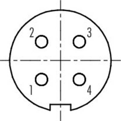 Circuit diagram of a plug with four numbered pins, numbered from 1 to 4 clockwise, surrounded by a circular housing.